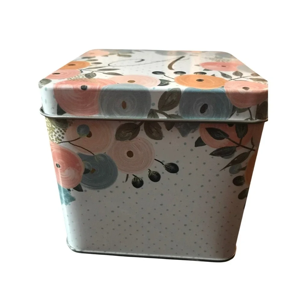 Floral Monogram Letter A Metal‎ Storage Tin Box Blue Peach Flower Decor